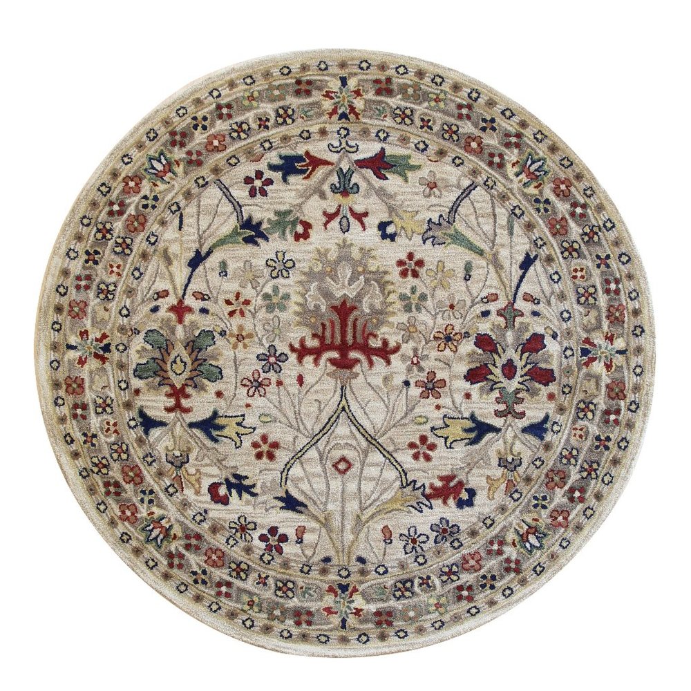 Ivory Hand-Tufted Wool Traditional Morris Rug, 4' Round